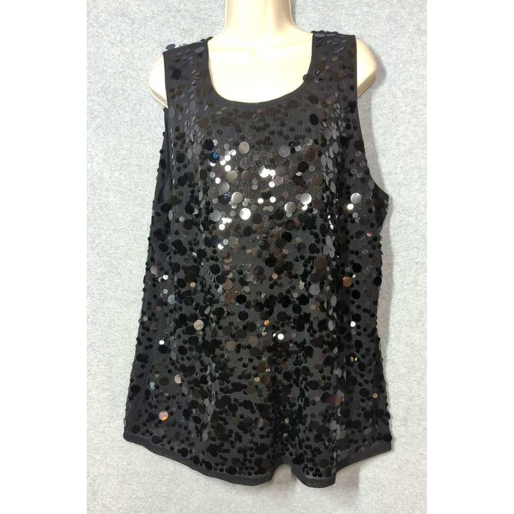 New Black Sequin Top Plus 3X Sleeveless Round Reflective Sequin Drops Easy Chic